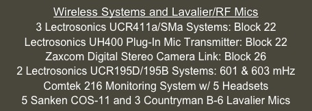 Wireless Systems and Lavalier/RF Mics
3 Lectrosonics UCR411a/SMa Systems: Block 22
Lectrosonics UH400 Plug-In Mic Transmitter: Block 22
Zaxcom Digital Stereo Camera Link: Block 26
2 Lectrosonics UCR195D/195B Systems: 601 & 603 mHz
Comtek 216 Monitoring System w/ 5 Headsets
5 Sanken COS-11 and 3 Countryman B-6 Lavalier Mics
Peter Engh Omnigoose 6” TA5F Mic